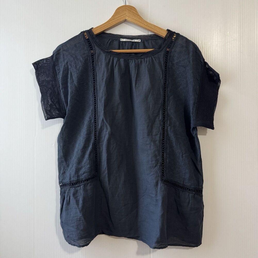 Pomandere Blouse Short Sleeve Women's Size 40 Cotton Linen Blend Black